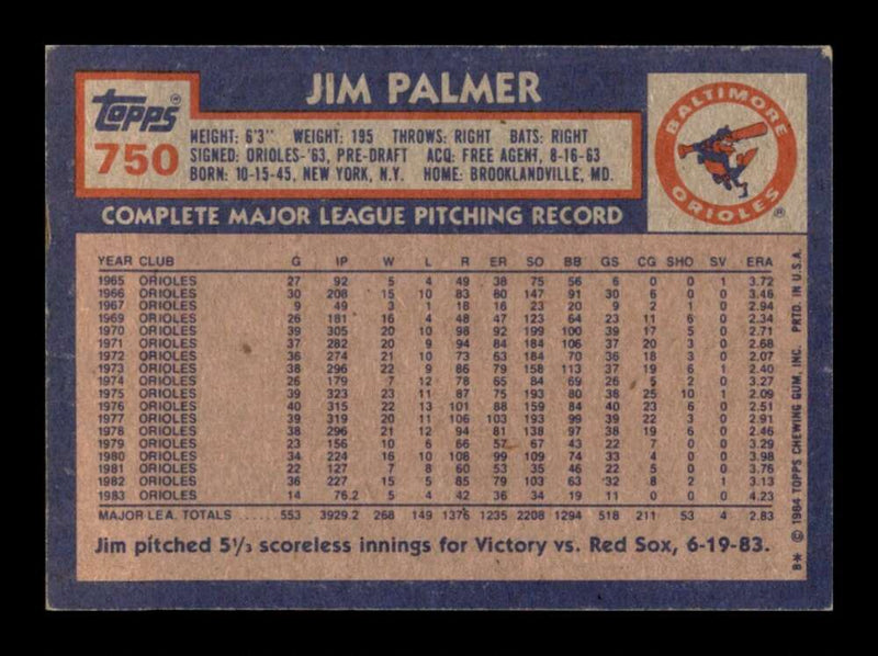 Load image into Gallery viewer, 1984 Topps Jim Palmer #750 Baltimore Orioles Image 2
