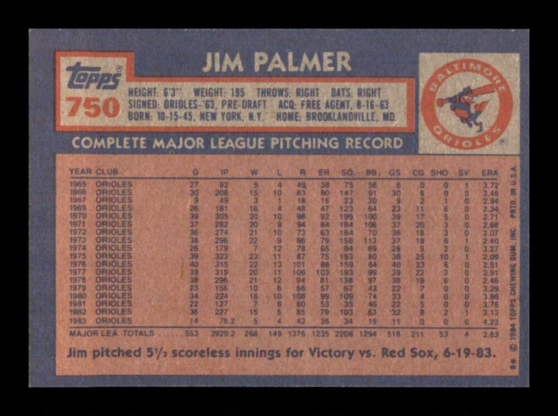 Load image into Gallery viewer, 1984 Topps Jim Palmer #750 Baltimore Orioles Image 2
