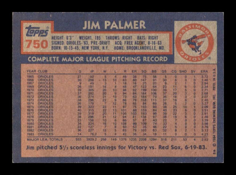 Load image into Gallery viewer, 1984 Topps Jim Palmer #750 Baltimore Orioles Image 2
