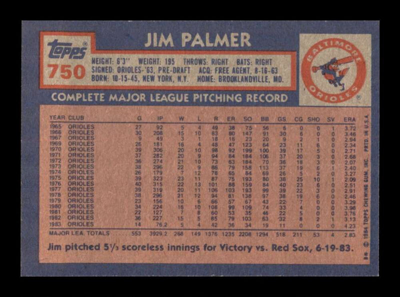 Load image into Gallery viewer, 1984 Topps Jim Palmer #750 Baltimore Orioles Image 2
