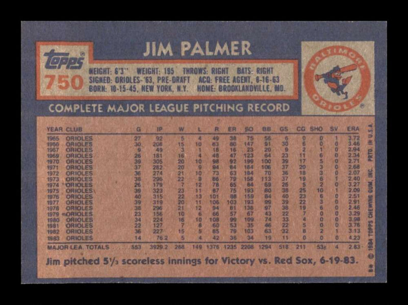 Load image into Gallery viewer, 1984 Topps Jim Palmer #750 Baltimore Orioles Image 2
