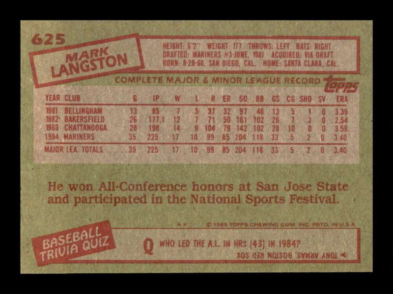 Load image into Gallery viewer, 1985 Topps Mark Langston #625 Rookie RC Seattle Mariners Image 2
