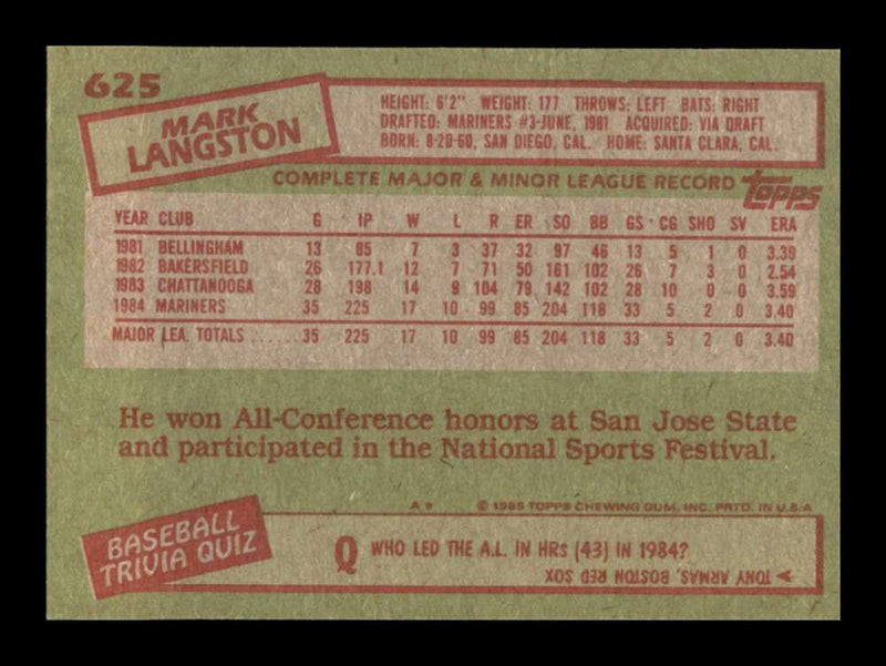 Load image into Gallery viewer, 1985 Topps Mark Langston #625 Rookie RC Seattle Mariners Image 2
