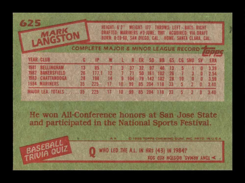 Load image into Gallery viewer, 1985 Topps Mark Langston #625 Rookie RC Seattle Mariners Image 2
