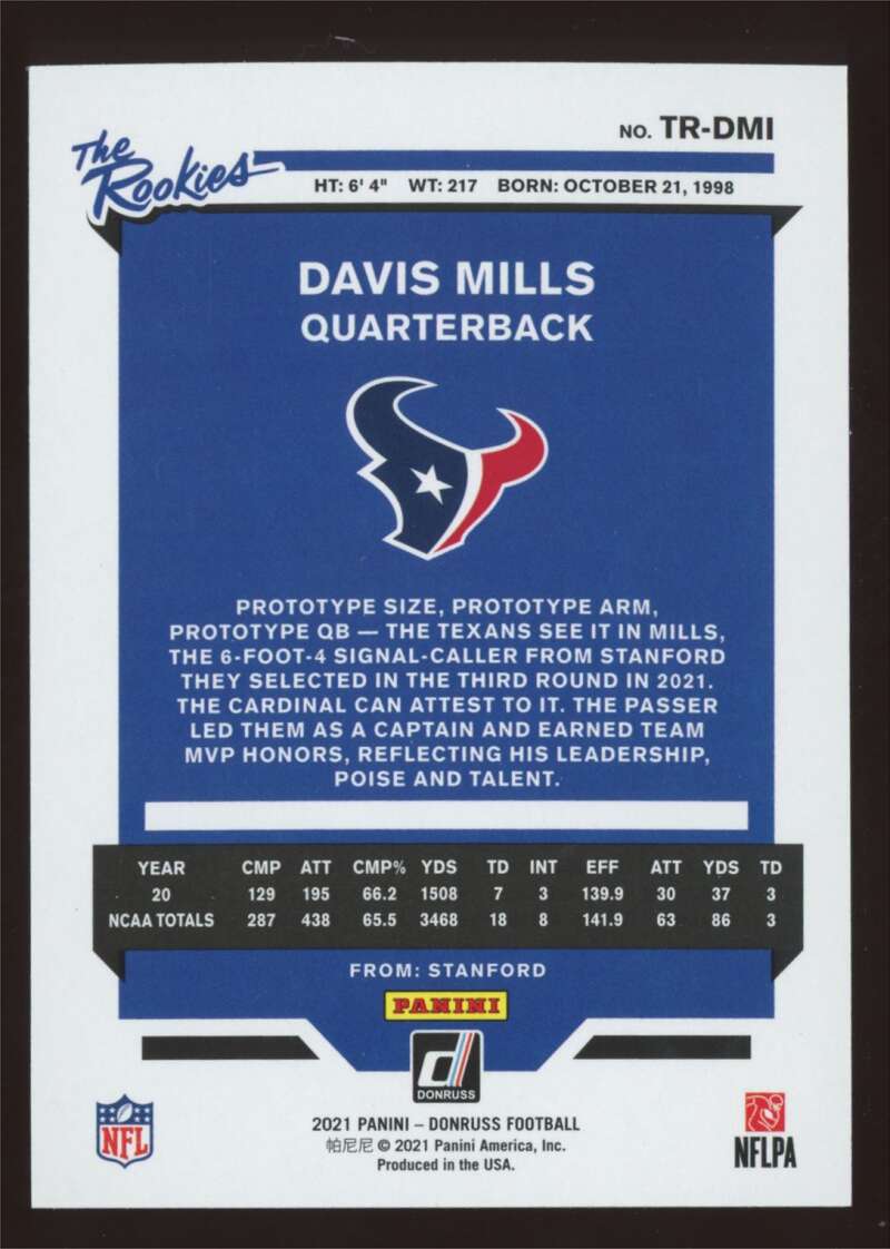 Load image into Gallery viewer, 2021 Donruss The Rookies Davis Mills #TR-DMI Rookie RC Image 2
