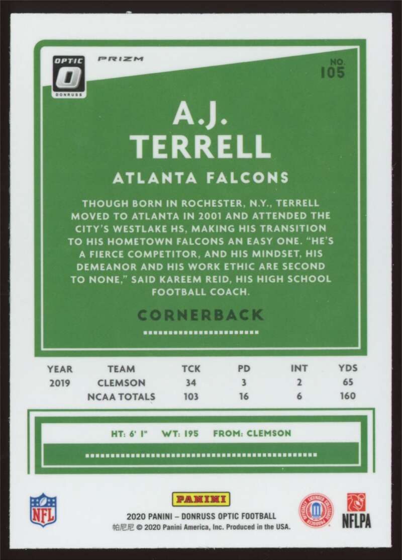 Load image into Gallery viewer, 2020 Donruss Optic Silver Prizm Holo A.J Terrell #105 Rookie RC Image 2
