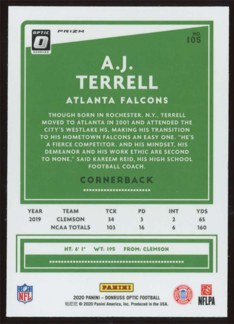 Load image into Gallery viewer, 2020 Donruss Optic Silver Prizm Holo A.J Terrell #105 Rookie RC Falcons  Image 2
