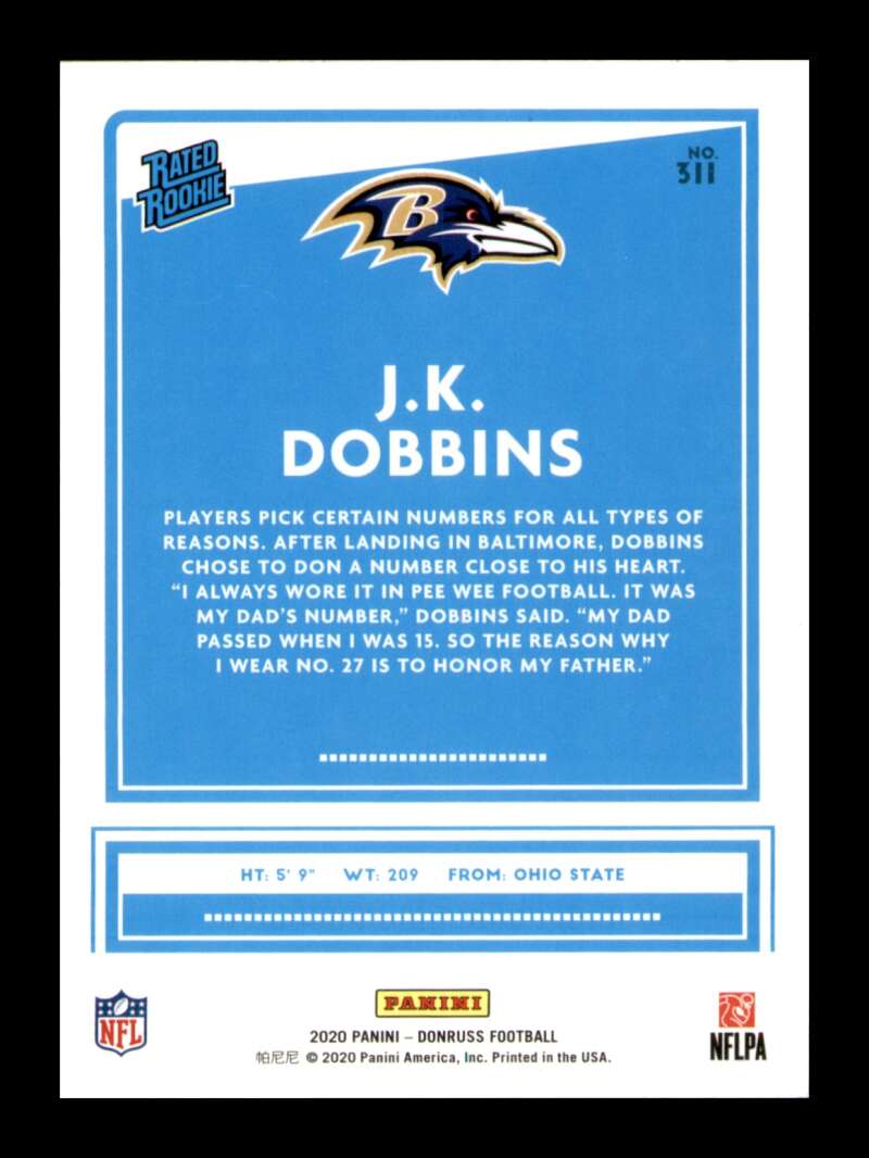 Load image into Gallery viewer, 2020 Donruss Press Proof Blue J.K. Dobbins #311 Rookie RC SP Image 2
