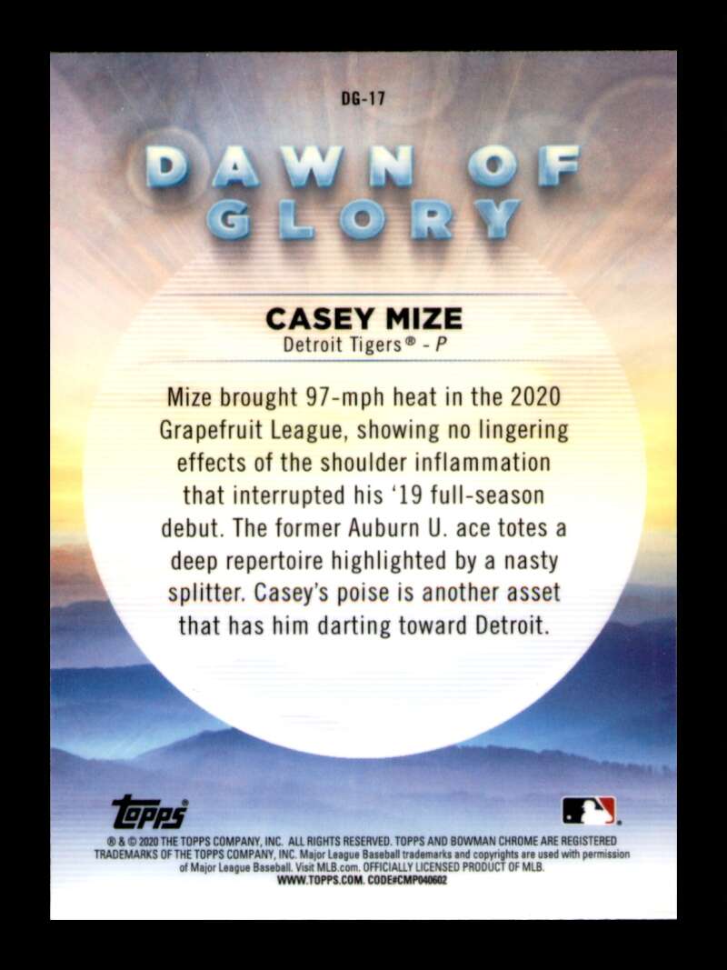 Load image into Gallery viewer, 2020 Bowman Chrome Dawn of Glory Mojo Refractor Casey Mize #DG-17 Rookie RC Image 2
