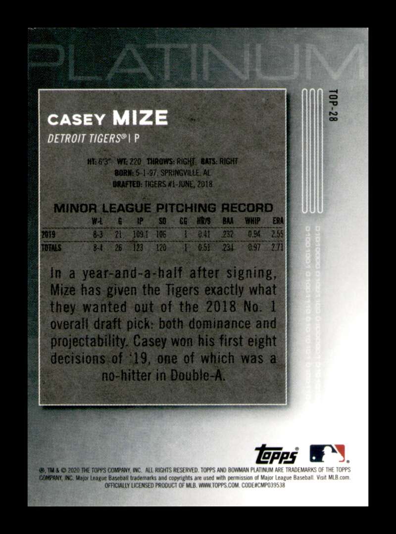 Load image into Gallery viewer, 2020 Bowman Platinum Casey Mize #TOP-28 Image 2
