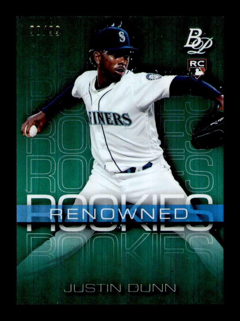 Load image into Gallery viewer, 2020 Bowman Platinum Renowned Rookies Green Justin Dunn #RR-12 Rookie RC /99 Image 1
