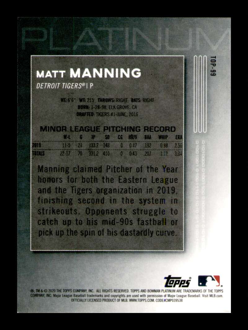 Load image into Gallery viewer, 2020 Bowman Platinum Icy Foil Matt Manning #TOP-99 Rookie RC Image 2
