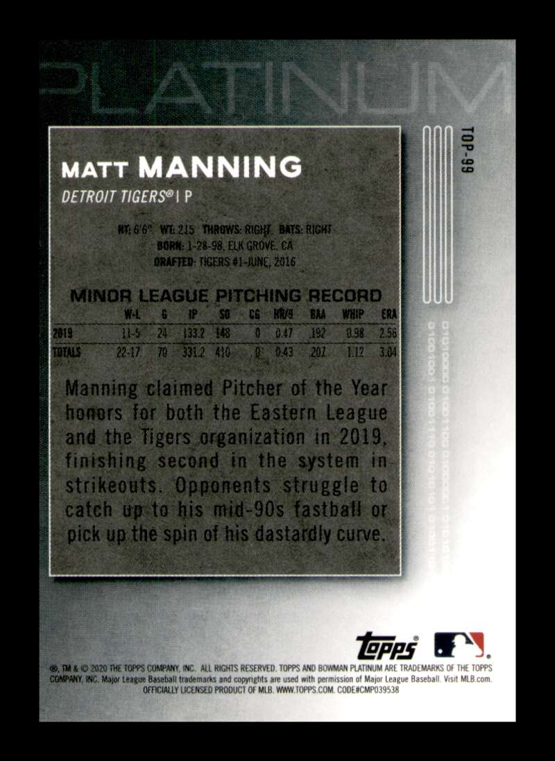 Load image into Gallery viewer, 2020 Bowman Platinum Teal Matt Manning #TOP-99 Rookie RC /299 Image 2
