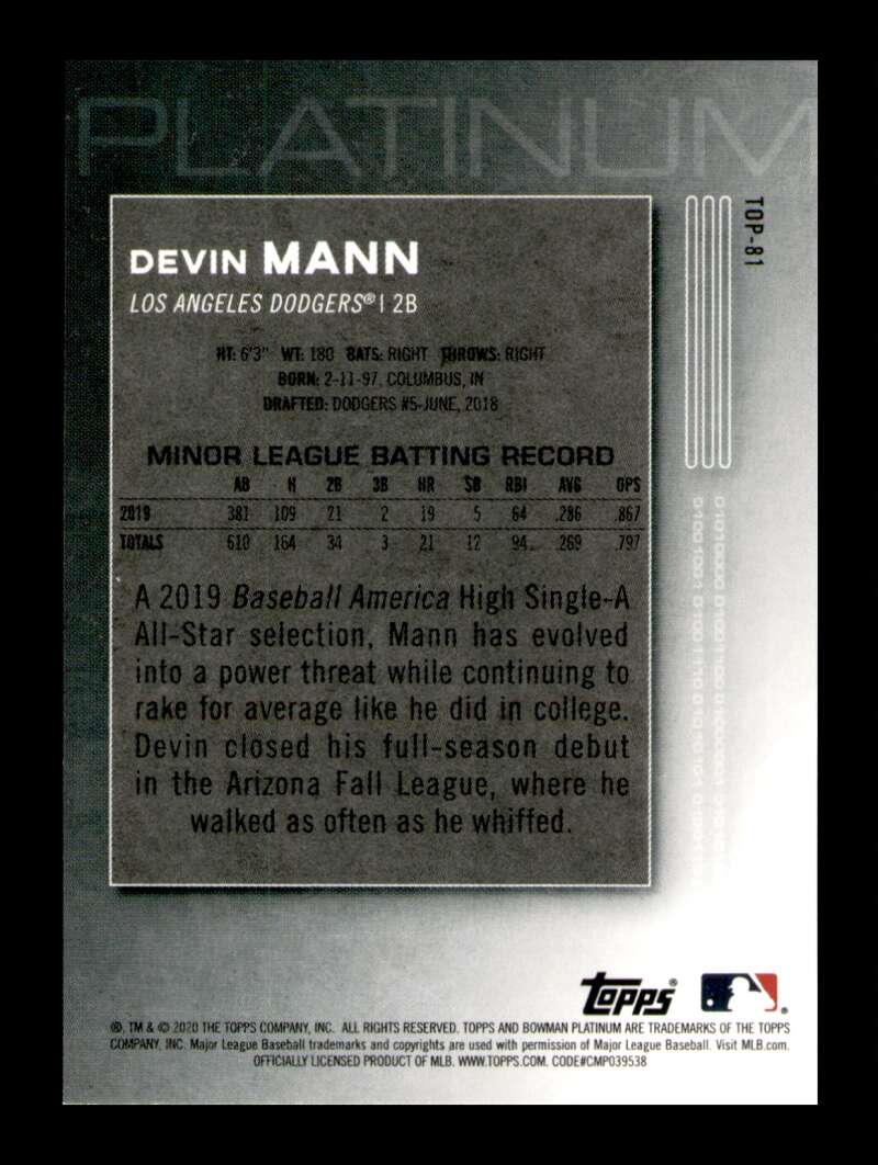 Load image into Gallery viewer, 2020 Bowman Platinum Devin Mann #TOP-81 Rookie RC Image 2
