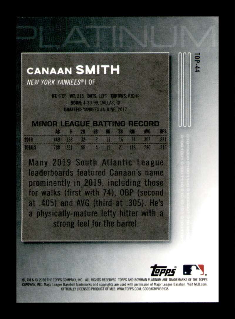 Load image into Gallery viewer, 2020 Bowman Platinum Canaan Smith #TOP-44 Rookie RC Image 2
