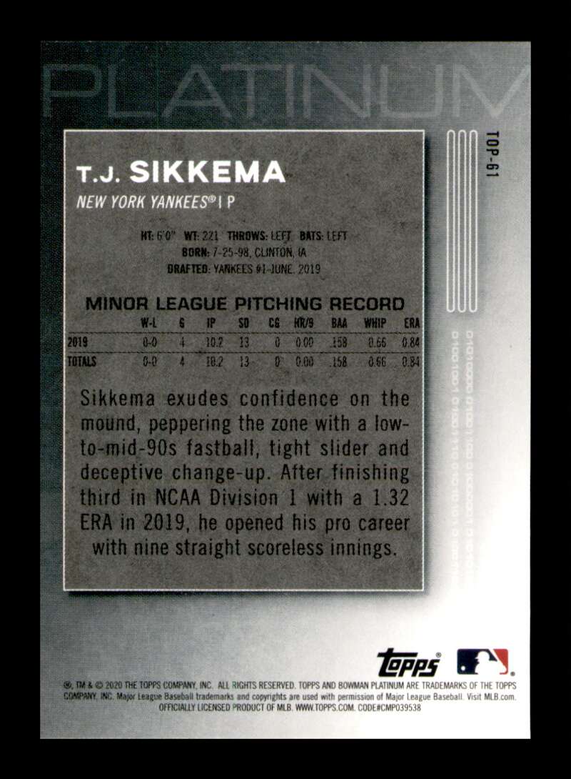 Load image into Gallery viewer, 2020 Bowman Platinum T.J. Sikkema #TOP-61 Rookie RC Image 2
