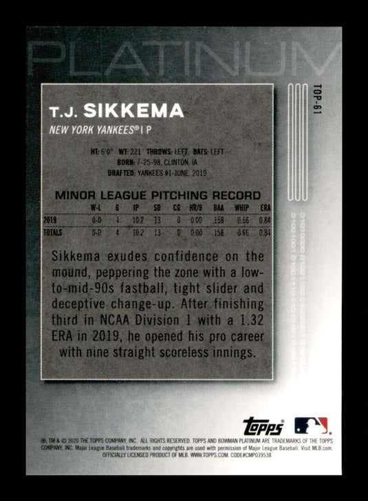 2020 Bowman Platinum T.J. Sikkema