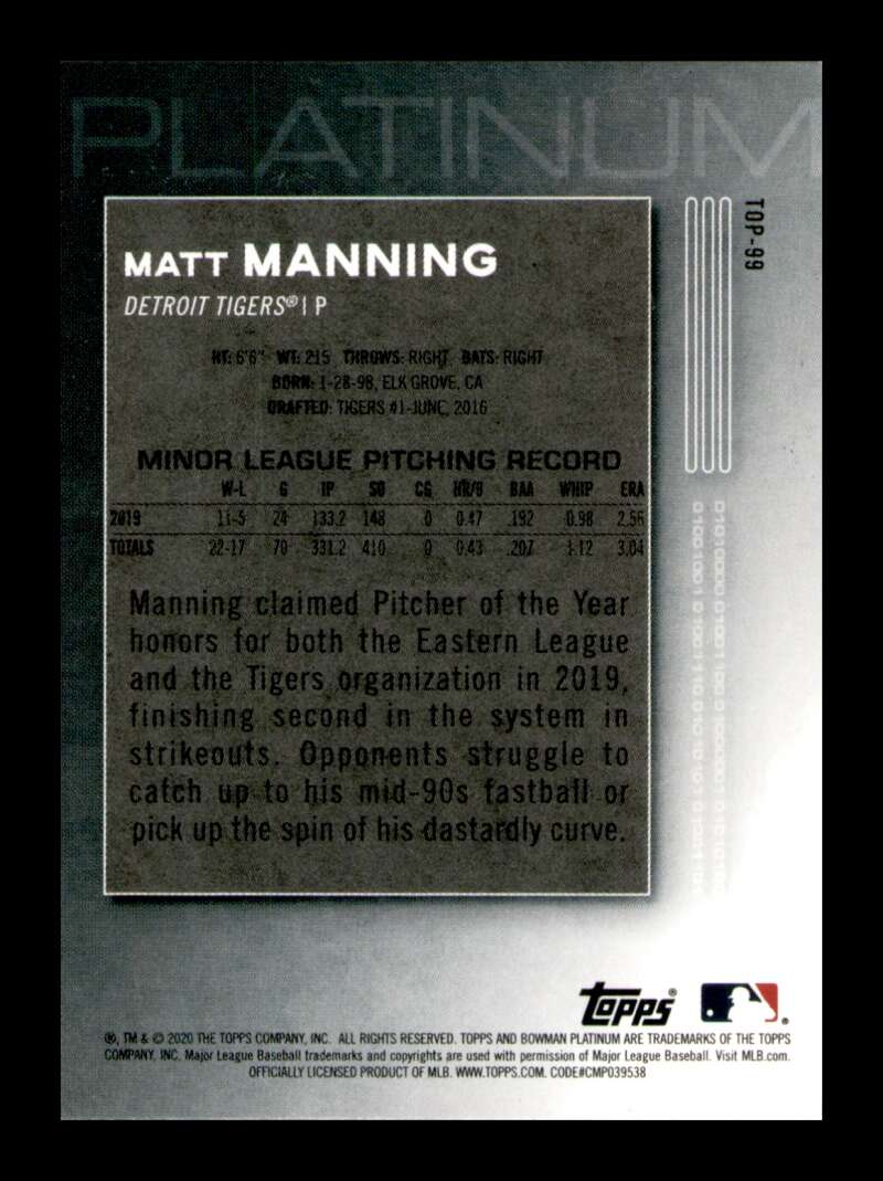 Load image into Gallery viewer, 2020 Bowman Platinum Matt Manning #TOP-99 Rookie RC Detroit Tigers  Image 2
