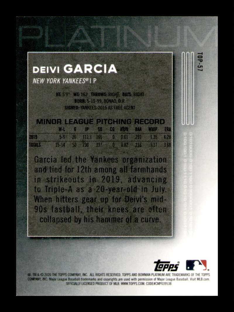 Load image into Gallery viewer, 2020 Bowman Platinum Chatreuse Deivi Garcia #TOP-57 Rookie RC Image 2
