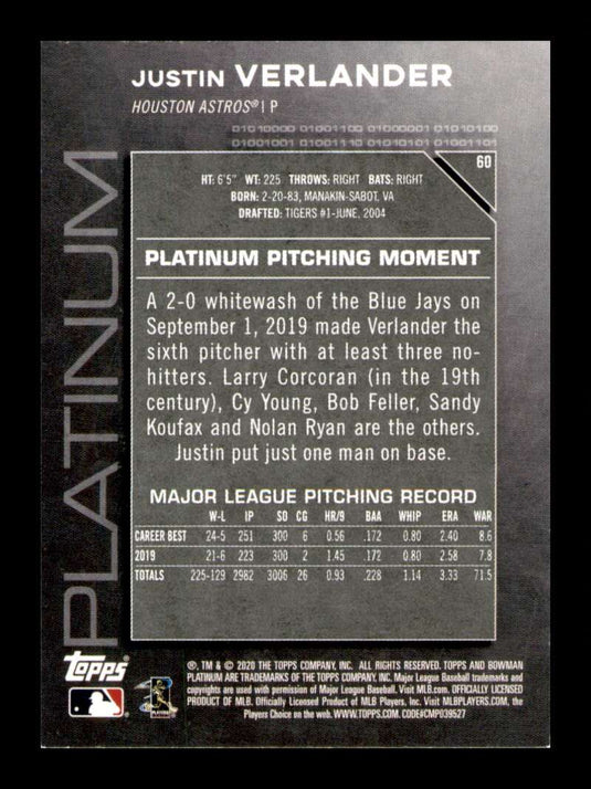 2020 Bowman Platinum Justin Verlander 