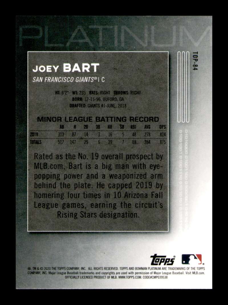 Load image into Gallery viewer, 2020 Bowman Platinum Joey Bart #TOP-84 Rookie Card RC Giants Image 2
