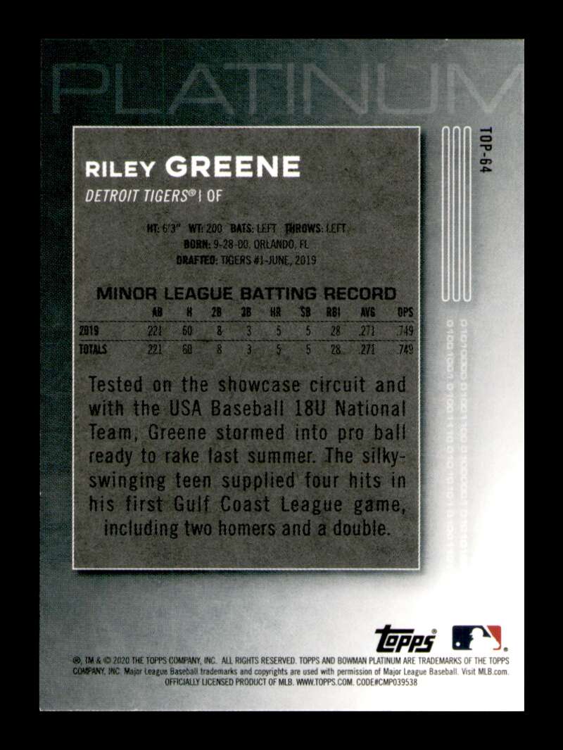 Load image into Gallery viewer, 2020 Bowman Platinum Riley Greene #TOP-64 Rookie RC Detroit Tigers Image 2
