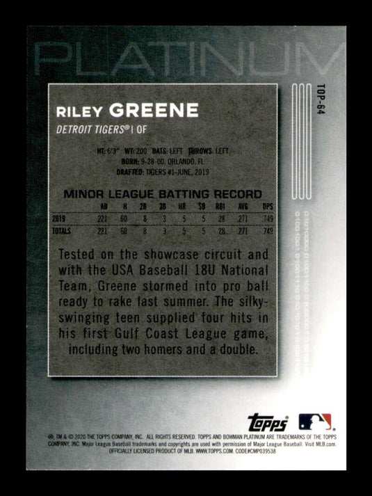 2020 Bowman Platinum Riley Greene 