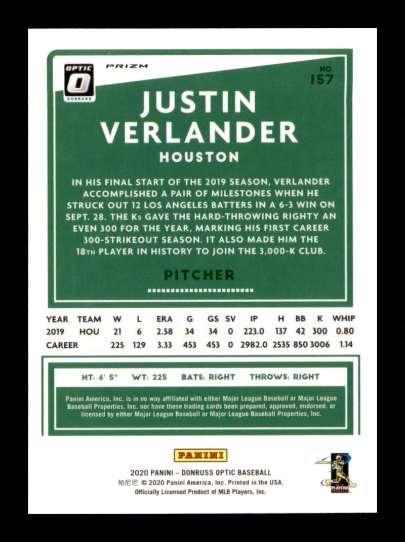 Load image into Gallery viewer, 2020 Donruss Optic Silver Prizm Holo Justin Verlander #157 SP Image 2
