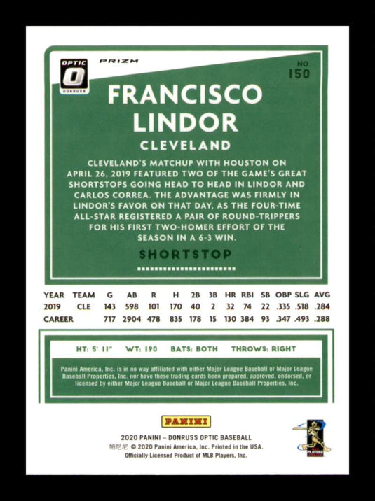 2020 Donruss Optic Pink Prizm Francisco Lindor 