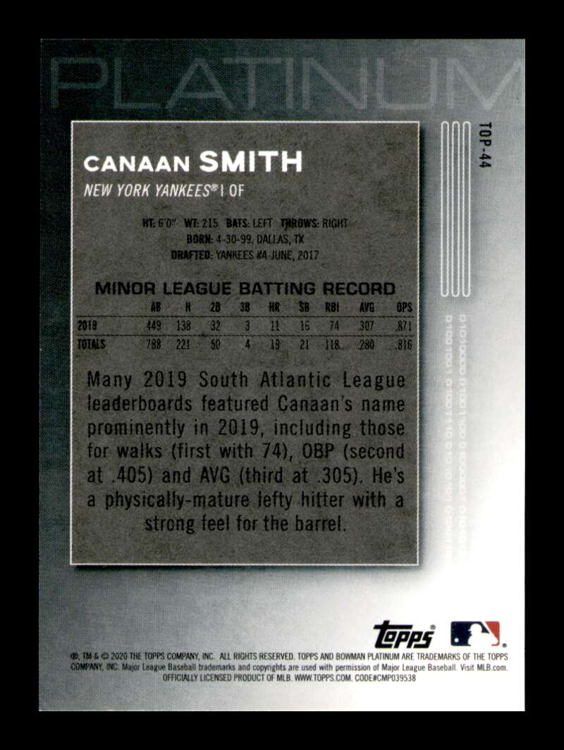 Load image into Gallery viewer, 2020 Bowman Platinum Chartreuse Canaan Smith #TOP-44 Rookie RC Image 2
