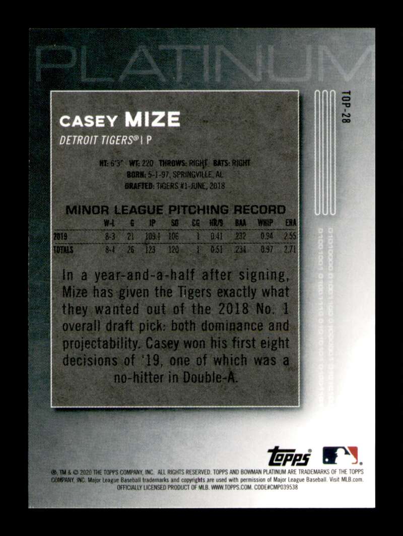 Load image into Gallery viewer, 2020 Bowman Platinum Chartreuse Casey Mize #TOP-28 Rookie RC SP Image 2
