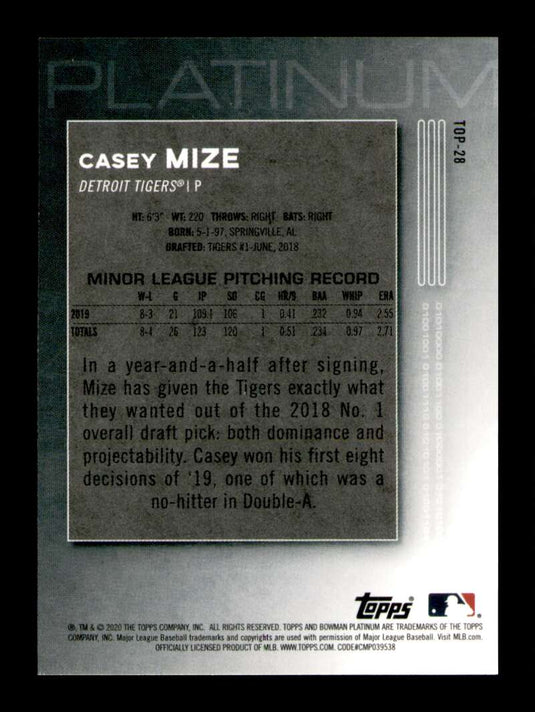 2020 Bowman Platinum Chartreuse Casey Mize 