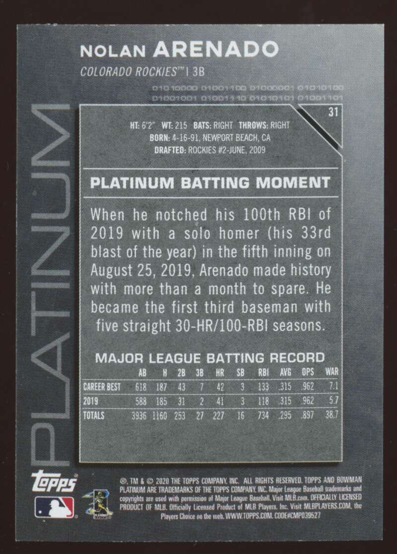 Load image into Gallery viewer, 2020 Bowman Platinum Chartreuse Nolan Arenado #31 Short Print SP Image 2
