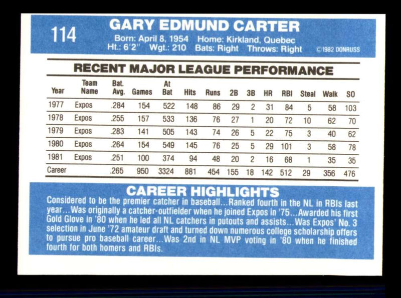 Load image into Gallery viewer, 1982 Donruss Gary Carter #114 Montreal Expos Image 2
