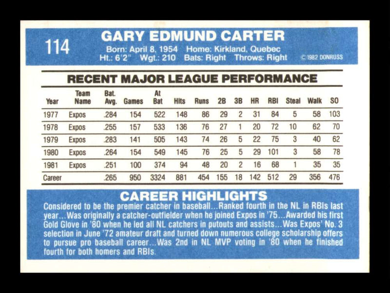 Load image into Gallery viewer, 1982 Donruss Gary Carter #114 Montreal Expos Image 2
