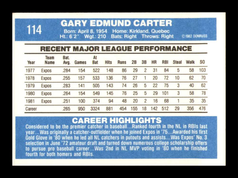 Load image into Gallery viewer, 1982 Donruss Gary Carter #114 Montreal Expos Image 2
