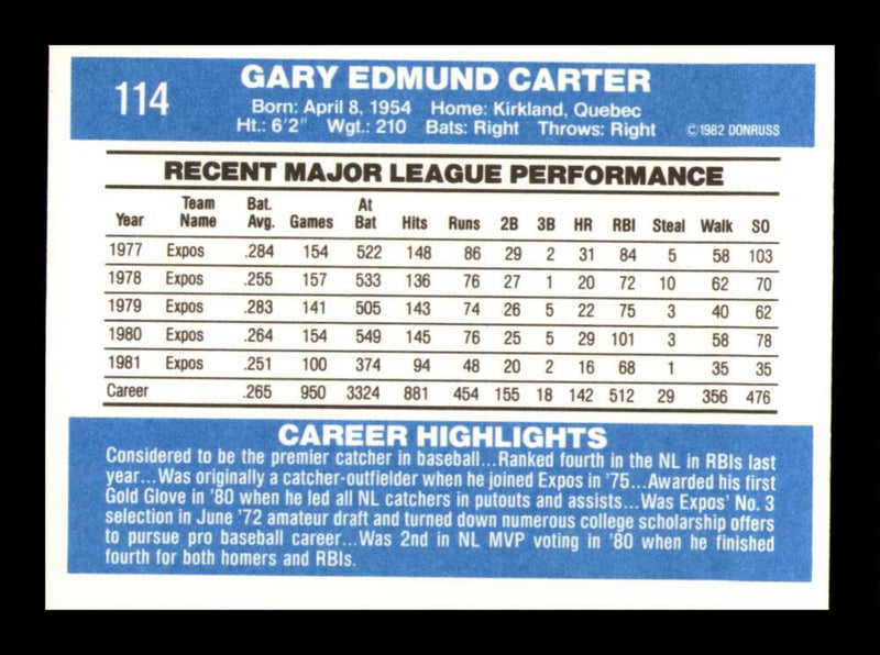 Load image into Gallery viewer, 1982 Donruss Gary Carter #114 Montreal Expos Image 2
