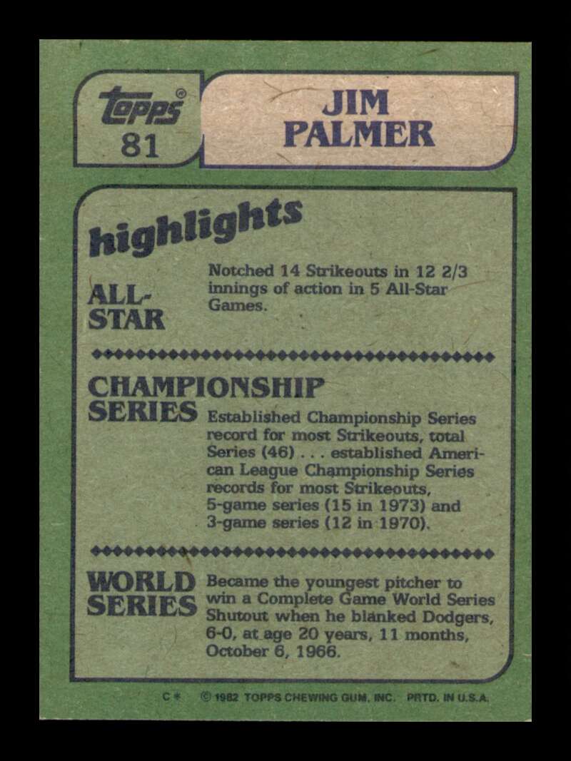 Load image into Gallery viewer, 1982 Topps Jim Palmer #81 Baltimore Orioles Image 2
