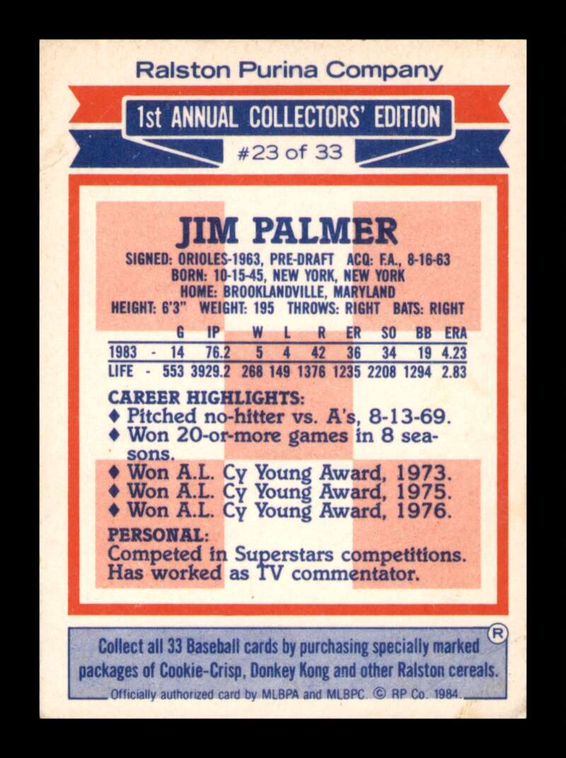 Load image into Gallery viewer, 1984 Topps Ralston Purina Jim Palmer #23 Baltimore Orioles Image 2
