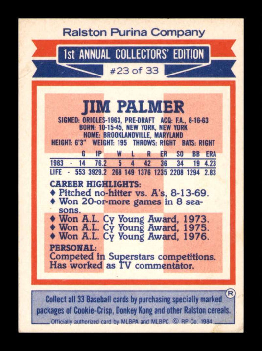 1984 Topps Ralston Purina Jim Palmer 