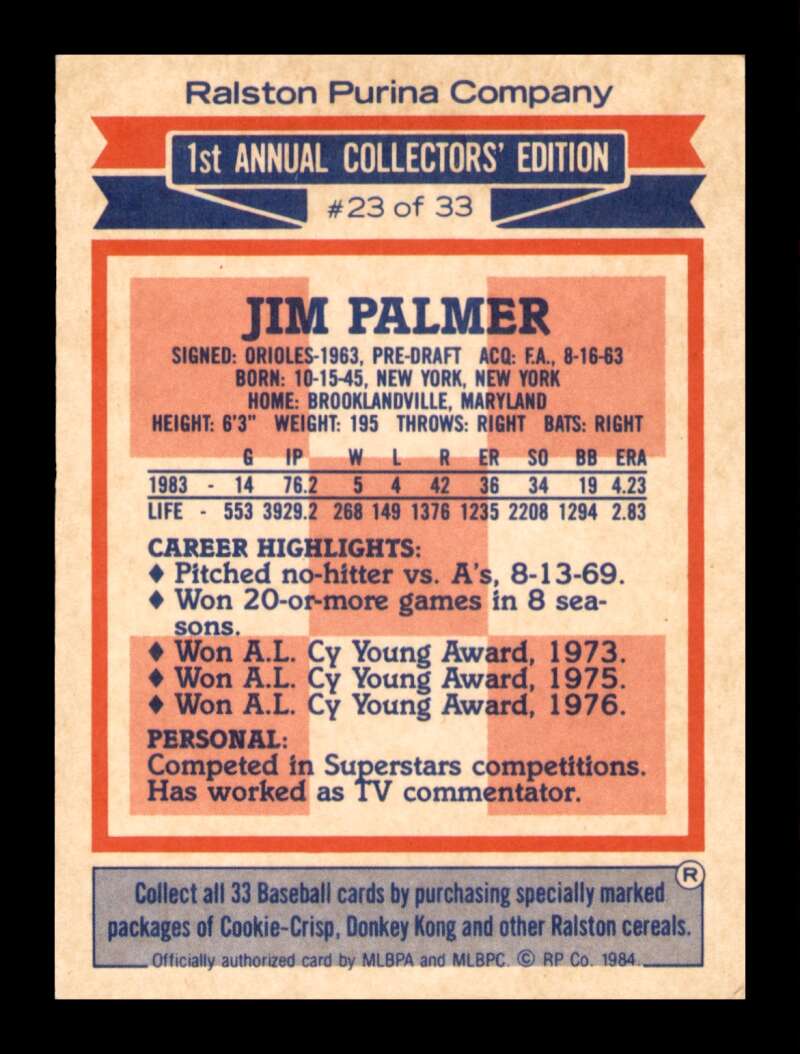 Load image into Gallery viewer, 1984 Topps Ralston Purina Jim Palmer #23 Baltimore Orioles Image 2
