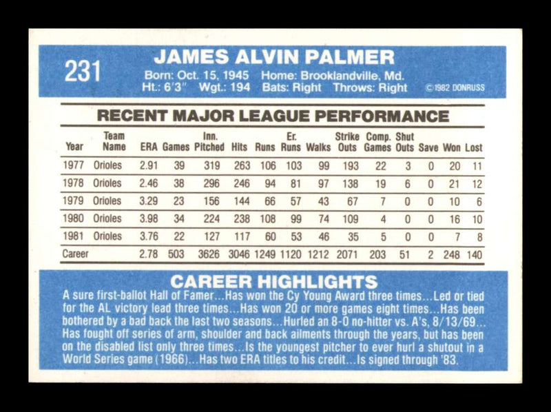 Load image into Gallery viewer, 1982 Donruss Jim Palmer #231 Baltimore Orioles Image 2
