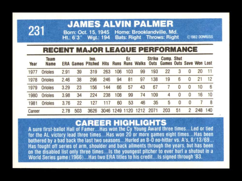 Load image into Gallery viewer, 1982 Donruss Jim Palmer #231 Baltimore Orioles Image 2
