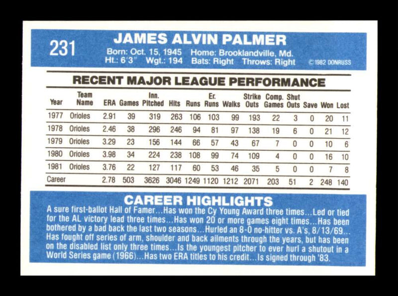 Load image into Gallery viewer, 1982 Donruss Jim Palmer #231 Baltimore Orioles Image 2
