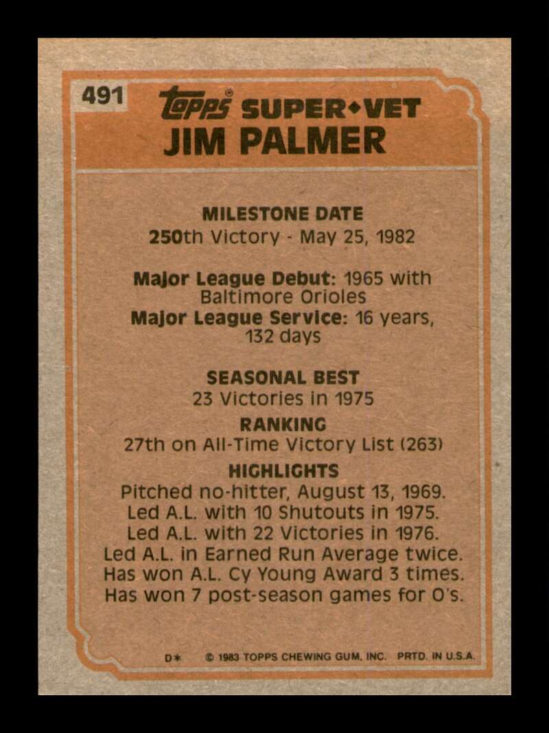 Load image into Gallery viewer, 1983 Topps Jim Palmer #491 Super Vertran Baltimore Orioles Image 2
