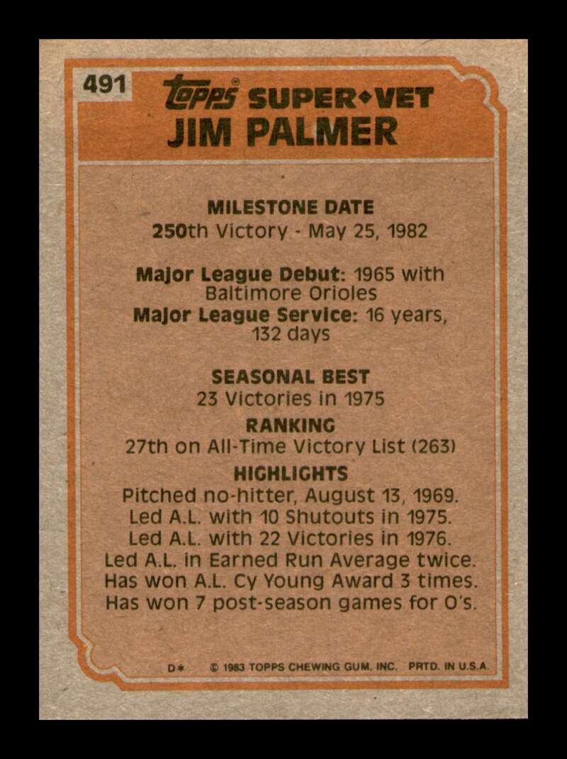 Load image into Gallery viewer, 1983 Topps Jim Palmer #491 Super Veteran Baltimore Orioles Image 2
