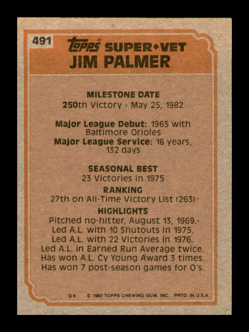 Load image into Gallery viewer, 1983 Topps Jim Palmer #491 Super Veteran Baltimore Orioles Image 2
