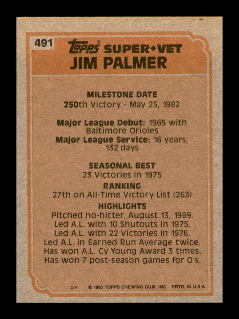 Load image into Gallery viewer, 1983 Topps Jim Palmer #491 Super Veteran Baltimore Orioles Image 2
