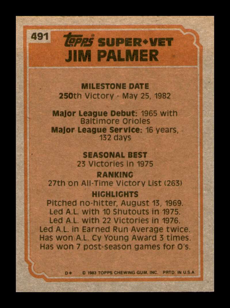 Load image into Gallery viewer, 1983 Topps Jim Palmer #491 Super Veteran Baltimore Orioles Image 2
