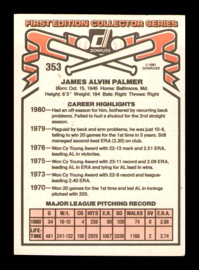 Load image into Gallery viewer, 1981 Donruss Jim Palmer #353 Baltimore Orioles Image 2
